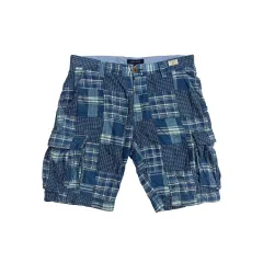 Tommy Hilfiger ブルー パッチワーク カーゴ ハーフパンツ マドラス チェック ショーツ パンツ (36)