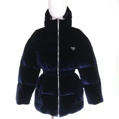 極美品△PRADA プラダ 25AW 292214 トライアングルロゴプレート ウエストゴム フード付き ベルベット ダウンジャケット ネイビー 36 ハンガー・ガーメント付き イタリア製 正規品 レディース