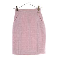本物 シャネル COCO装飾 ストライプ 裾プリーツ スカート 38 ピンク系