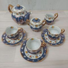 昭和レトロ】未使用美品 大橋陶器 猫脚 5点セット ラスター彩 ブルー 