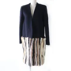 【ドンドン見直し】美品◎毛皮 ASTRAET ユナイテッドアローズ レディース ミンクファー使い フロントオープン ノーカラー ロングコート ネイビー×マルチ 2