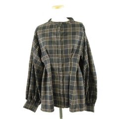 美品 ピノーレ バイアスチェック柄 ハイネックブラウス Aライン 紫 緑 