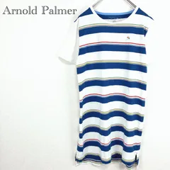 ◆アーノルドパーマー【L】Tシャツ USA製 マルチカラーボーダー ネイビー×ホワイト ポリエステル クルーネック 傘ロゴ刺繍 ストレッチ カジュアル ゴルフのサムネイル