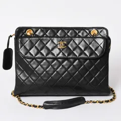 CHANEL シャネル チェーントートバッグ 1番台 ココマーク ラムスキン キルティング ブラック ゴールド金具 美品 中古 4a001635