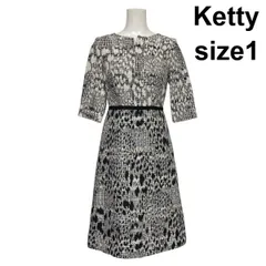 ◇ ケティ Ketty フレアワンピース ミディ丈 七分袖 総柄 ツイード風 Aライン キーネック 白 黒 綿混 1 S～M 7～9号 レディース S6E046のサムネイル