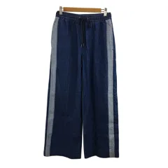 ジーナシス JEANASIS パンツ デニム ジーンズ ワイド ロング サイドライン ウエストゴム センターシーム F 紺 白 ネイビー ホワイト