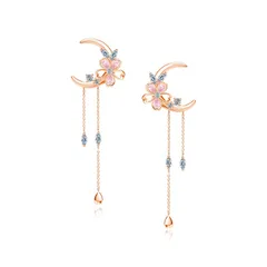 【人気商品】日常用 銅メッキ 925シルバー針 デート 金属アレルギー対応 月 アクセサリー ピアス ピアス プレゼント ロング 揺れる お誕生日 花 可愛い 母の日 ピンクジルコニア 人気 記念日 レディース