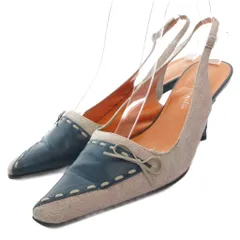 銀座かねまつ GINZA Kanematsu ミュール シューズ キャンバス レザー ポインテッドトゥ ストラップ 24.5cm グレー 青 ブルー /JS ■YHS5
