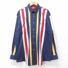 XL/古着 トミーヒルフィガー 長袖 ブランド シャツ メンズ 90年代 90s ワンポイントロゴ 大きいサイズ コットン ボタンダウン 紺他 ストライプ 26apr10