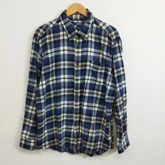 Lands' End ランズエンド フランネルシャツ 長袖 BD ボタンダウン チェック 総柄 犬 刺繍 コットン ネイビー系 XXL 大きいサイズ E81