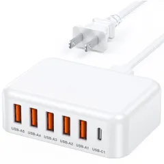 合計60WUSBC充電器6ポートiPhone17充電器15WACアダプターUSBコンセントタイプcアダプタ電源タップiPhone/Galaxy/Android/スマートフォンタブレットなどその他機器対応のサムネイル