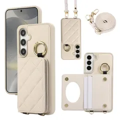 ◎ギャラクシーS25 SC-51F SCG31 ケース ショルダー スマホケース 鏡付き 肩がけ 首掛け ストラップ着脱可 チェック柄 ホワイトのサムネイル