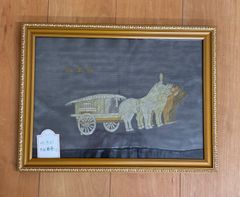 Embroidered painting "Bronze Chariots" from Xi'an, China, framed. (Reference to the Mausoleum of Qin Shi Huang, Terracotta Army, Bronze Chariots, Chinese art and crafts)