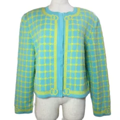エスカーダ ESCADA MARGARETHA LEY ヴィンテージ ニットジャケット ノーカラー ボタンレス チェック 38 日本サイズL相当 水色 イエロー /Xのサムネイル