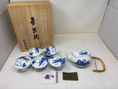 1746 有田焼 染付山水 茶器セット 急須1客 湯冷し1客 湯呑5客 未使用
