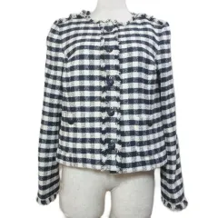 ブルックスブラザーズ BROOKS BROTHERS レッドフリース 美品 ツイードジャケット ノーカラー ブロックチェック フリンジ 総裏地 2 日本サイズS相当 ネイビー ホワイト /Xのサムネイル