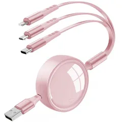 KIYODA3in1充電ケーブル巻き取り式3イン1充電コード3台同時充電超高耐久USBTypeCケーブルMicroUSBケーブルPhoneAndroidタイプCiPhone各種対応-1.2Mピンク