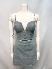 2742 ROBE de  FLEURS ローブドフルール キャバクラ ドレス セットアップ ラメニット タイト ミニ リボンチャーム ストーンストラップ キャバドレス S