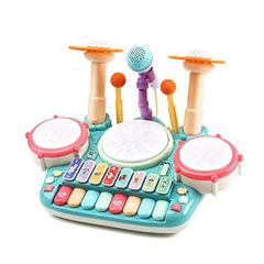 CuteStone 5-in-1 Musical Instrument Toy: Drum Set Piano with Microphone, 4 Modes (Piano Mode, Drum Mode), Keyboard, and Multiple Light Effects.