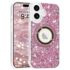 TeageoiPhone16対応ケース、MagSafe対応韓国女性キラキラ輝く磁気軽薄型携帯電話カバー柔らかく耐衝撃適用iPhone16保護ケース(ピンク)