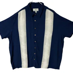 CHM Island Shores レーヨンシャツ キューバシャツ ラインデザイン ネイビー 3XL 半袖 開襟 メンズ レディース ユニセックス 古着 90s