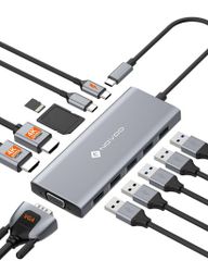 NOVOO USB-C Docking Station | 12 Ports - 2 HDMI, 1 VGA, 5 USB Ports - 100W PD Compatible - USB-C Data, SD/TF Card Reader | Compatible with MacBook/Dell/HP/Surface, etc.