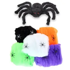 NazyJnnハロウィン飾り蜘蛛の巣5色セットホラーデコレーションスパイダー付き大型クモ付き吊るし装飾屋内屋外用壁天井ガーデンインテリアイベントパーティーグッズ