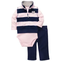 カーターズ carter's 女の子用ベビーピンクx紺ボーダー&ハートアップリケ付きフリースベスト上下3点セット 長袖ボディスーツ 紺フリースパンツ 出産祝い ジャケット