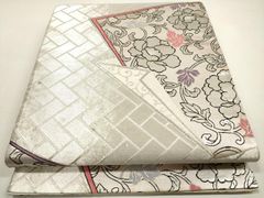 ユ207未着用名古屋帯 松葉 真綿紬 モダン 綺麗唐草花 正絹 着物帯