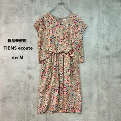 新品未使用 TIENS ecoute ティアンエクート Mサイズ 半袖 ブラウス 膝丈スカート ベージュ 花柄 総柄 Vネック ウエストゴム 2点セット 上下セット きれいめ フェミニン オフィス デイリー A56506M ★ ■◆のサムネイル