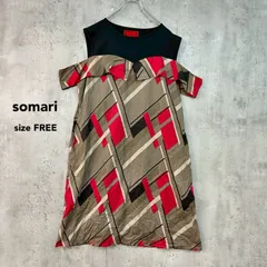 somari ソマリ FREE チェック柄 ブラック ベージュ ワンピース チュニック 幾何学模様 総柄 デザイン 切替 半袖 ノースリーブ オフショル 個性的 モード レトロ カジュアル ゆったり 体型カバー 大人可愛い ★ ■◆のサムネイル