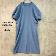 SAISON DE PAPILLON セゾンドパピヨン M ブルー オーバーサイズバルーンスリーブデザインワンピース クルーネック バックファスナー 無地 シンプル ストレッチ ポリエステル 上品 きれいめ オフィス カジュアル デート ★ ■◆