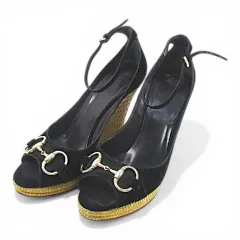 グッチ GUCCI サンダル ウェッジソール ホースビット アンクルストラップ 37.5 ブラック 黒系 スエード  イタリア製