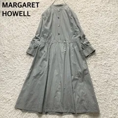 マーガレットハウエル MARGARET HOWELL 日本製 綿 コットン シャツワンピース バンドカラー ロング フレア Aライン ギャザー グレー 千鳥格子 マイクロチェック サイズ2 M相当 上品 お出かけ デイリー 春 秋 冬 良品