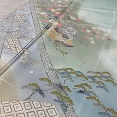 付下げ 裄68 トールサイズ 金彩 扇に花模様 パールトーン加工 着物 正絹 X-1389のサムネイル