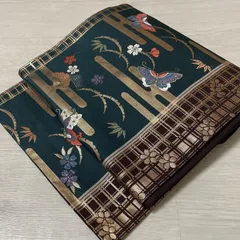 名古屋帯 唐織 エ霞に蝶 草花模様 九寸 正絹 着物 X-1428