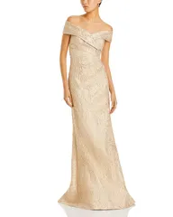 テリジョンバイリッキーフリーマン レディース アンダーウェア ナイトウェア トール Teri Jon by Rickie Freeman Metallic Jacquard OfftheShoulder Gown Gold ゴールド