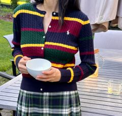 ポロラルフローレン POLO緑と青のストライプ 半袖ニットカーディガン