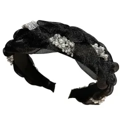 カチューシャ パール ビジュー ツイストメッシュ 幅広ボリューム ヘッドバンド レディース ヘアアクセサリー 韓国風 お呼ばれ ブライダル 結婚式・二次会・パーティー・入学式・卒業式 (ブラック, フリーサイズ) [ブラック] [フリーサイズ]