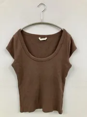 ZARA ザラ Tシャツ/カットソー USA L ブラウン 無地 ショート丈 半袖 Uネック