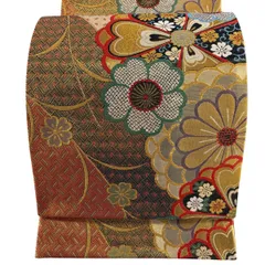 袋帯 秀品 草花 幾何学模様 金糸 箔 金色 六通 正絹 【中古】