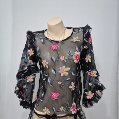 ZARA ブラック シースルー 花 刺繍 ブラウス