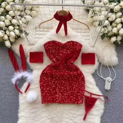 新品 クリスマス レッド スパンコール ラメ バーニーガール ドレス ONE PIECE