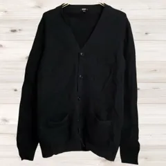 B1697 ユニクロ UNIQLO カーディガン 長袖(L) 羽織 ブラック／黒系 Vネック ウール100  無地 シンプル ミニマル ノームコア 着回し ボタン