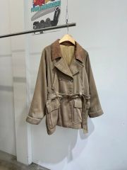 DouDou レザーカラーカバーオールジャケット ベージュ レザー襟 - メルカリ