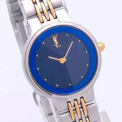 電池新品 美品 イヴサンローラン クオーツ ラウンド コンビ ブルー文字