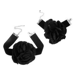 [PATIKIL] 女性用フラワーネックレス＆ブレスレットセット 黒ローズ調節可能ベルベットチェーンチョーカー 花嫁シャワー・ウェディング・プロム・ハロウィーン向けファッションアクセサリー