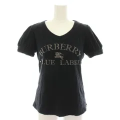 バーバリーブルーレーベル BURBERRY BLUE LABEL Tシャツ カットソー Vネック 半袖 パフスリーブ ロゴプリント ラインストーン 38 黒 ブラック FAF13-555-09 /YT