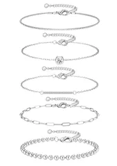 JeryWe 5点セット ブレスレット レディース 人気 チェーン 腕輪 ジルコニア 14k金メッキ 金属アレルギー対応 ブレスレット 重ね着け おしゃれ 女性 アクセサリー (シルバー-セット1)のサムネイル
