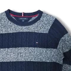 L Tommy Hilfiger ネイビー&グレー ストライプ ケーブルニット